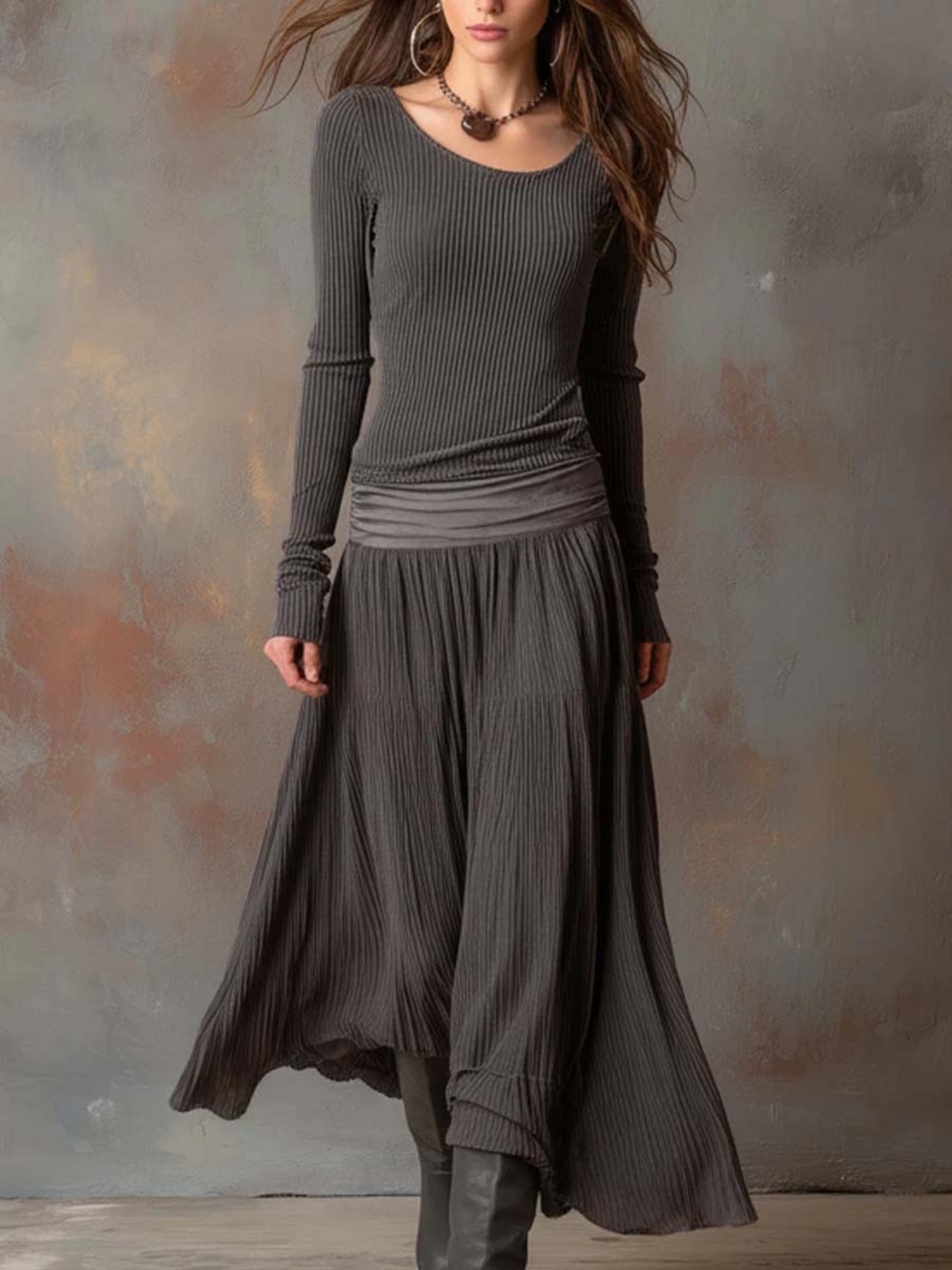 Futario Taupe Rib Knit Maxi Dress XL Boho Y2K Lagenlook Minimalist Casual